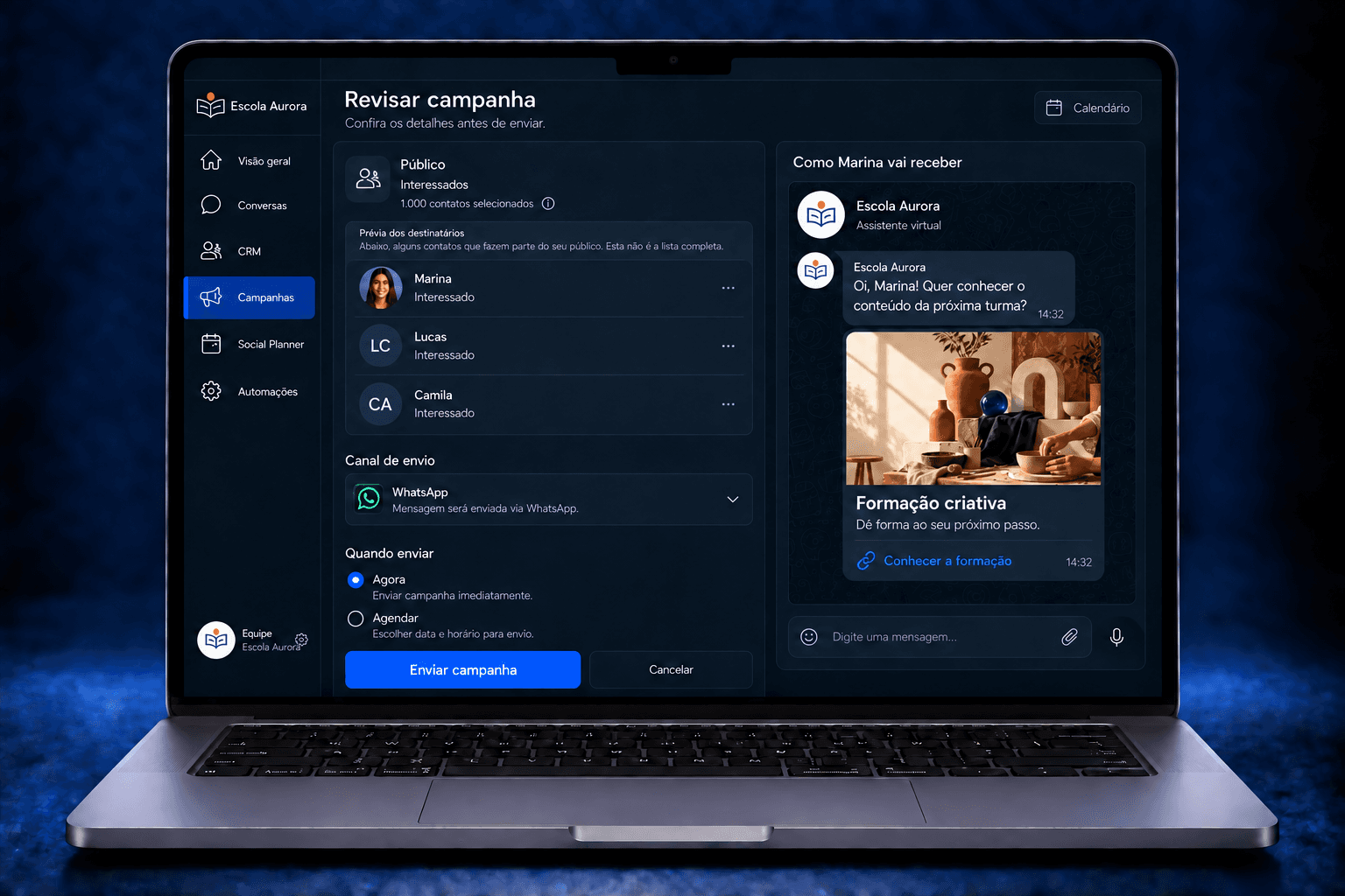 Revisão de campanha com público, canal de envio e prévia da mensagem no WhatsApp