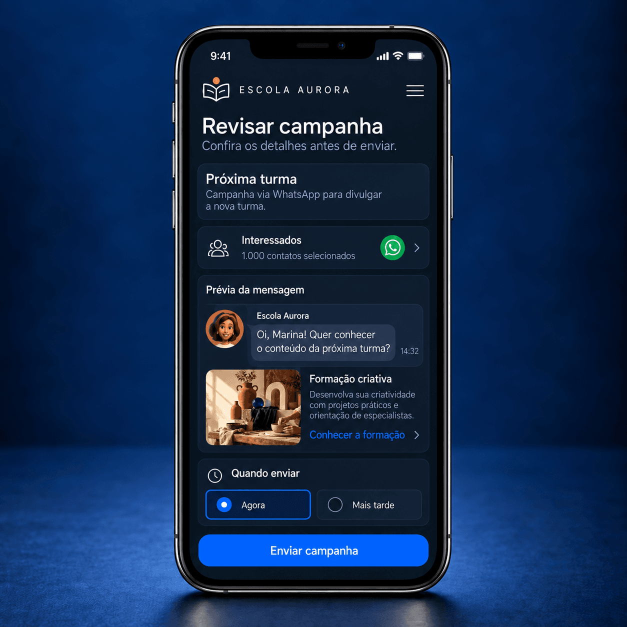 Revisão de campanha com público, canal de envio e prévia da mensagem no WhatsApp
