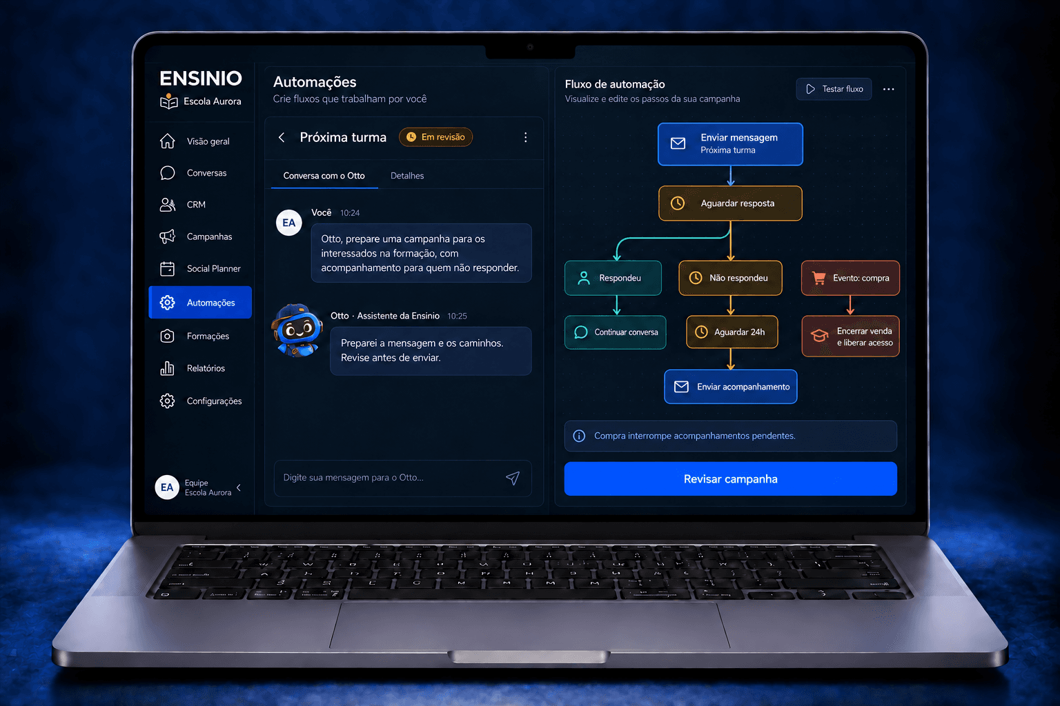Otto preparando um fluxo de automação com os caminhos de resposta, sem resposta e compra