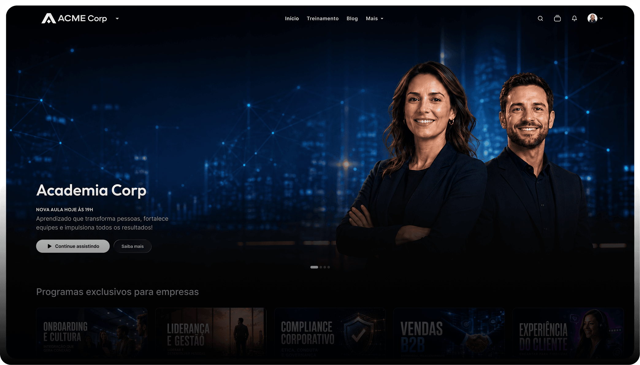 Área de membros na Ensinio com vitrine de cursos e programas