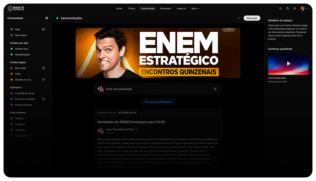 Comunidade de alunos na Ensinio com feed de publicações
