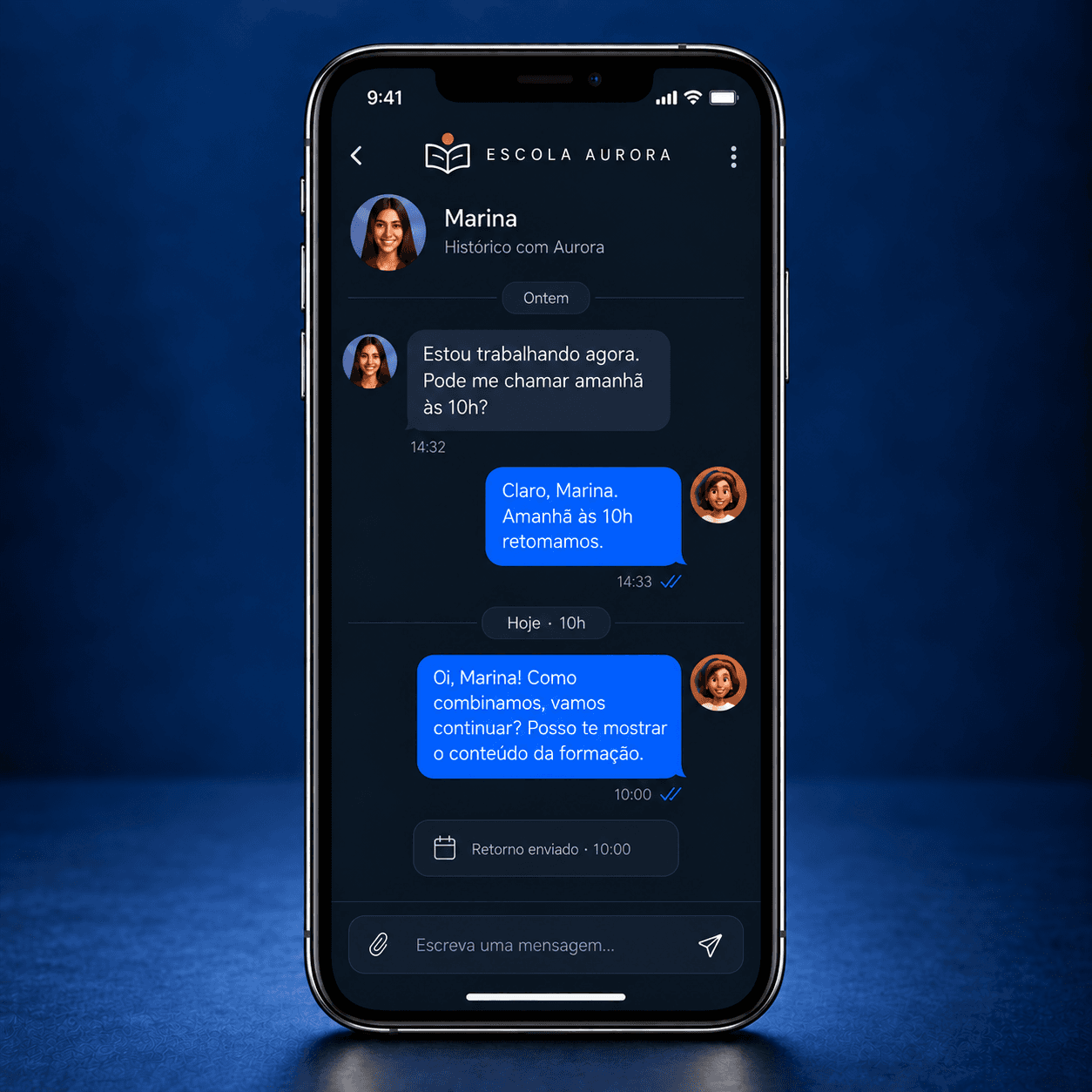 Conversa da Marina com a Aurora no celular, com o retorno combinado para as 10h enviado